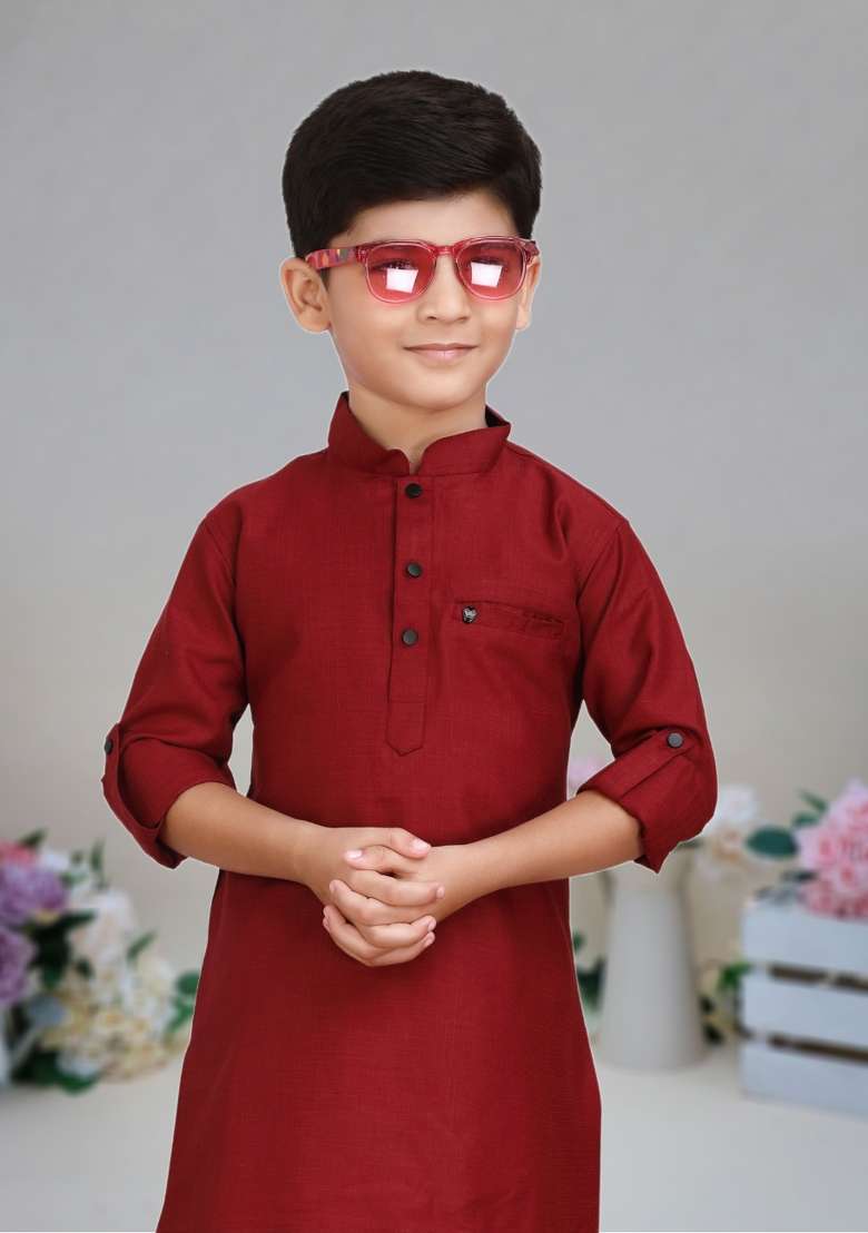 Maroon Self Design Cotton Kurta Set For Boy - Indya