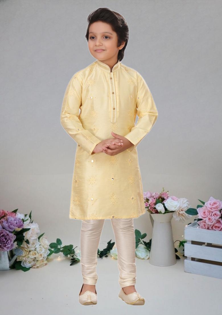 Fawn Orange Self Design Art Silk Kurta Set For Boy