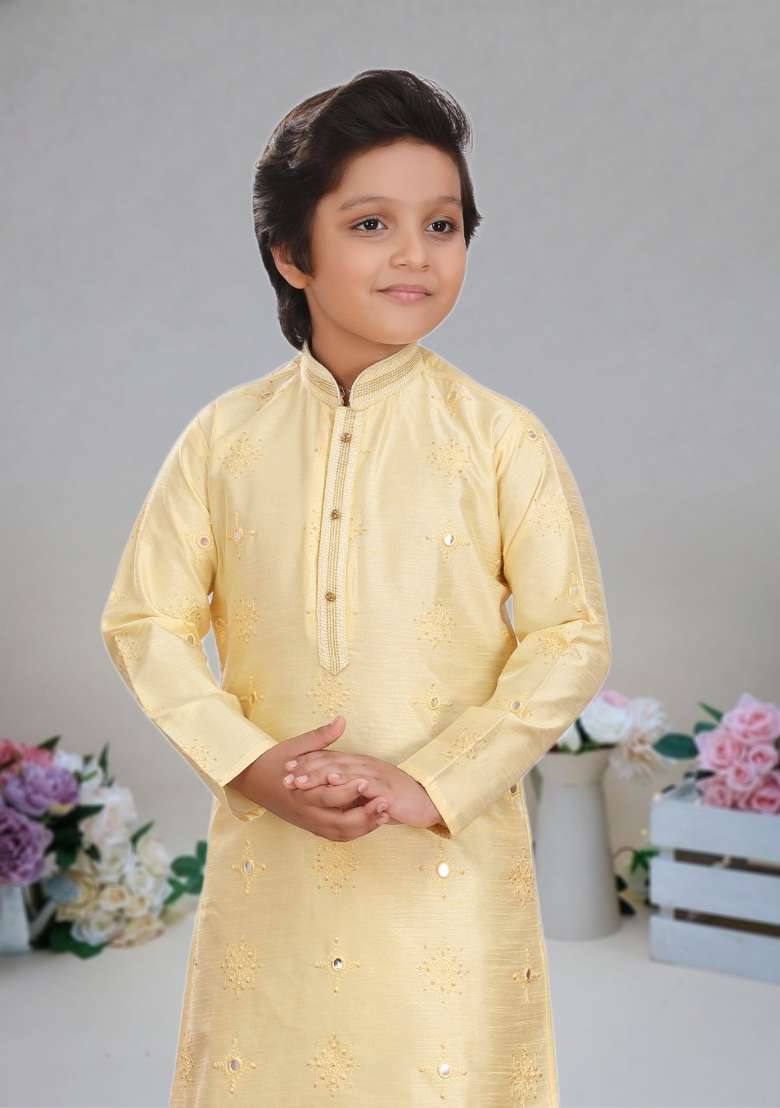 Fawn Orange Self Design Art Silk Kurta Set For Boy - Indya