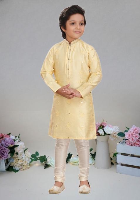Fawn Orange Self Design Art Silk Kurta Set For Boy