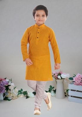 Mustard Yellow Self Design Cotton Kurta Set For Boy