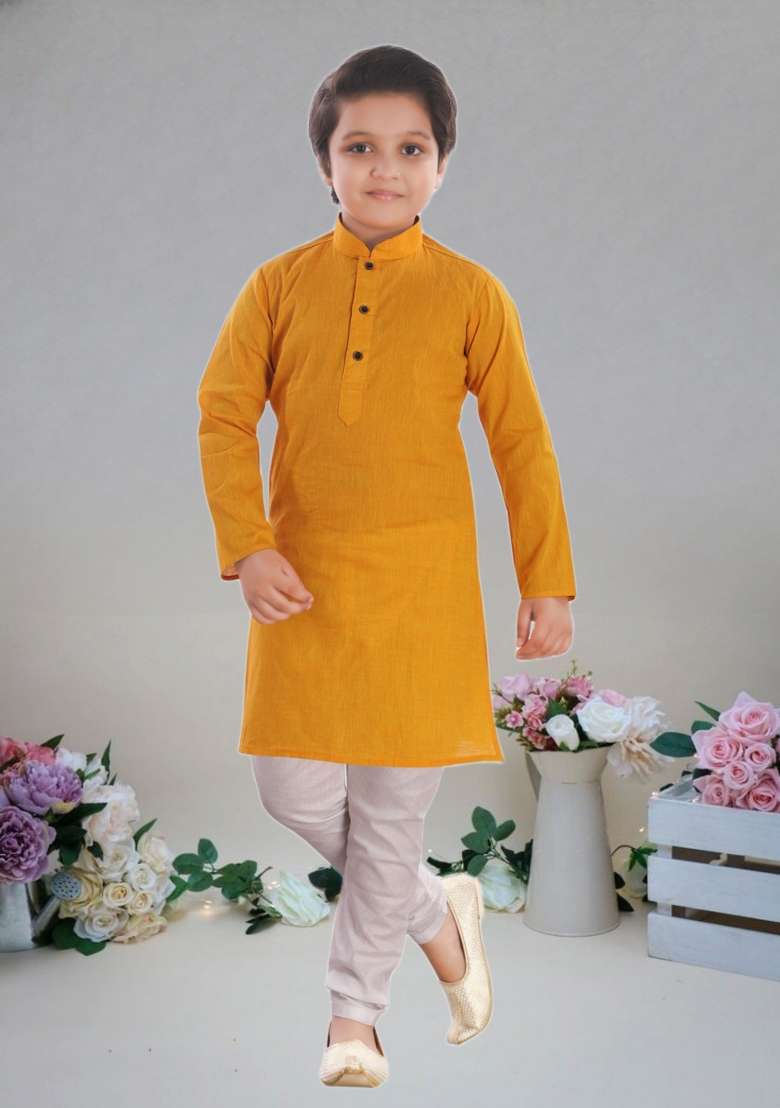 Mustard Yellow Self Design Cotton Kurta Set For Boy - Indya
