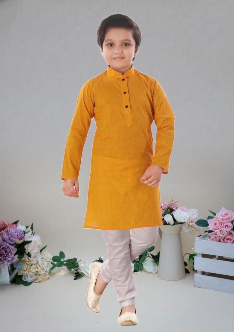 Mustard Yellow Self Design Cotton Kurta Set For Boy