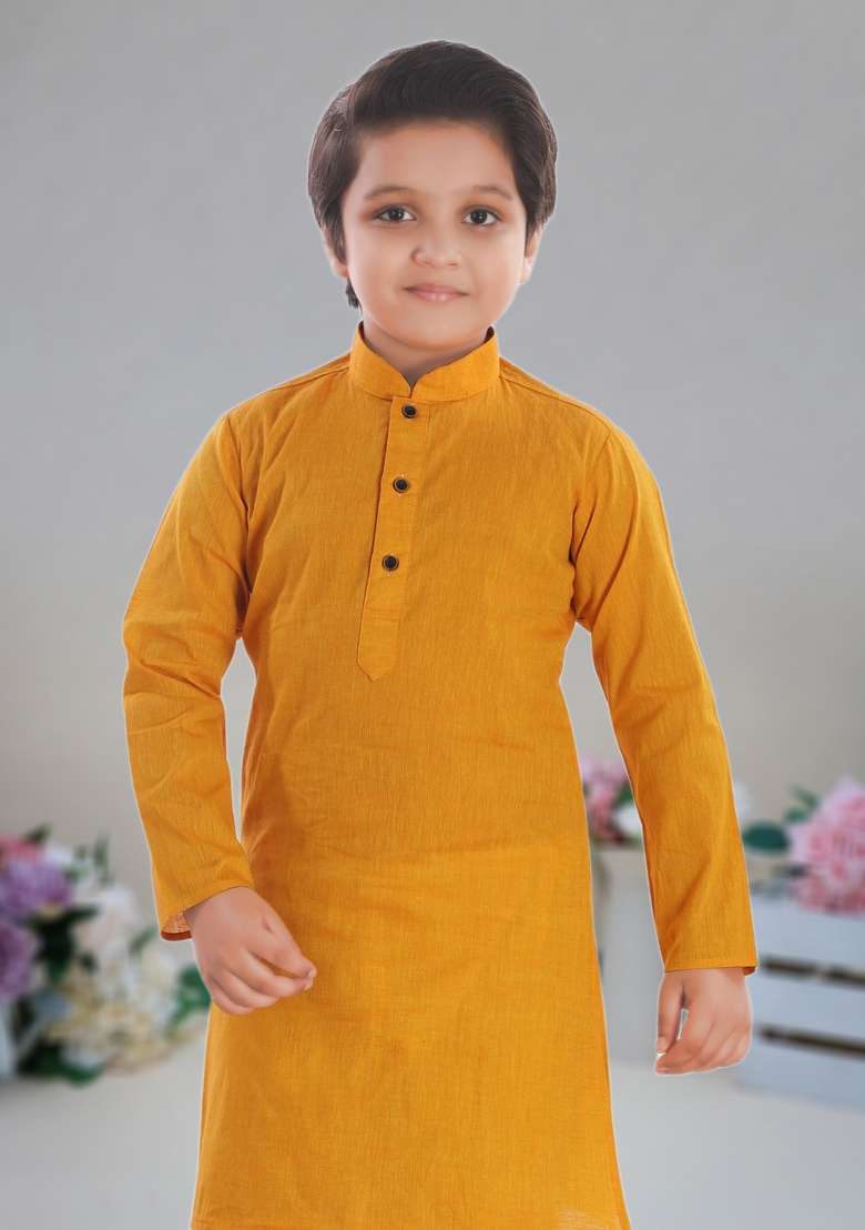 Mustard Yellow Self Design Cotton Kurta Set For Boy - Indya