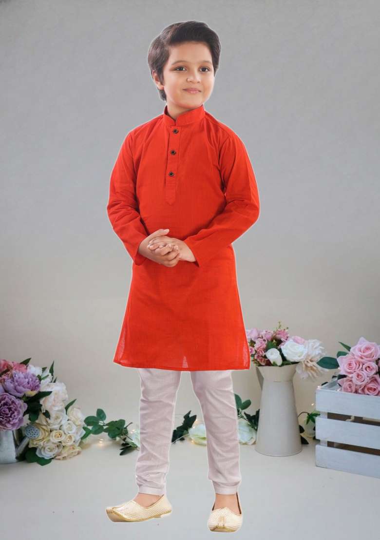 Red Self Design Cotton Kurta Set For Boy - Indya