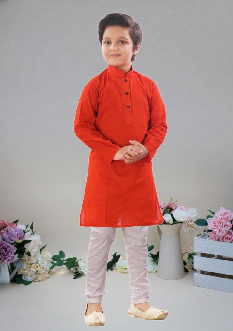 Red Self Design Cotton Kurta Set For Boy