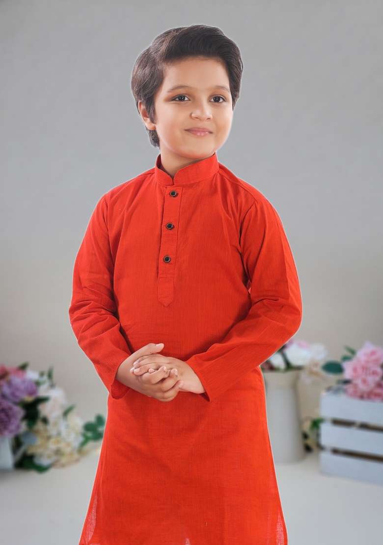 Red Self Design Cotton Kurta Set For Boy - Indya