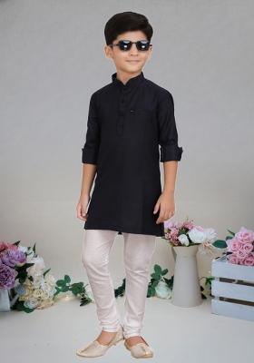 Black Self Design Cotton Kurta Set For Boy
