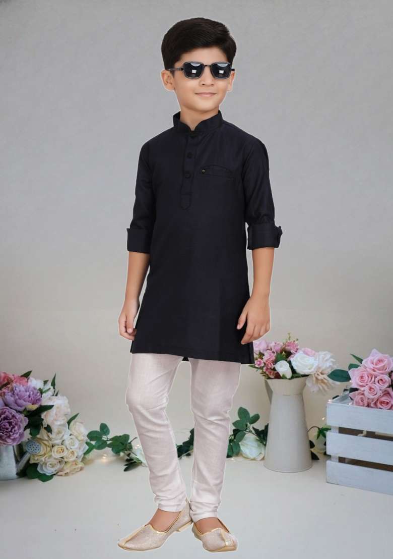 Black Self Design Cotton Kurta Set For Boy - Indya