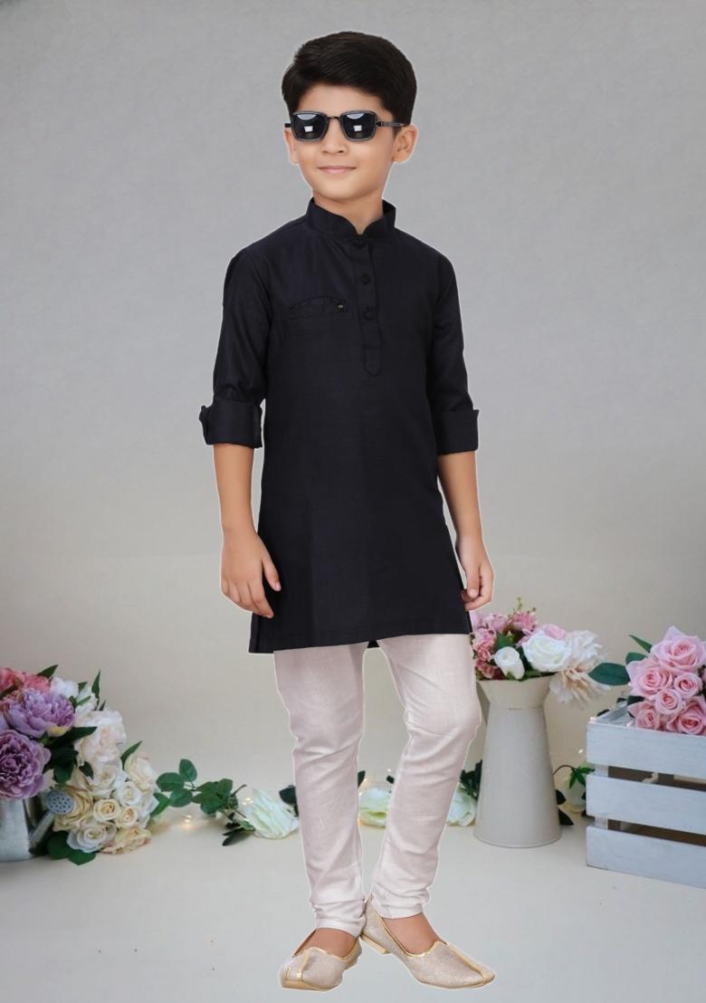 Black Self Design Cotton Kurta Set For Boy
