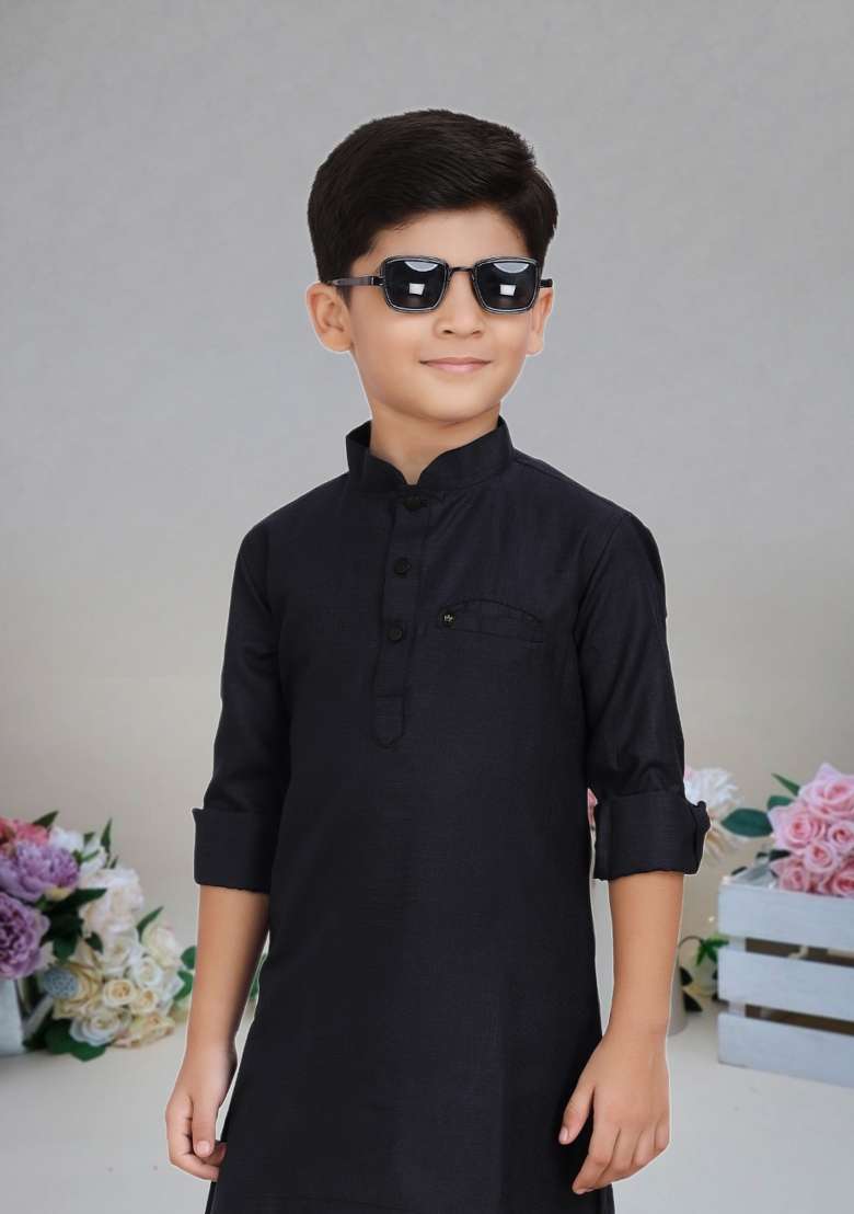 Black Self Design Cotton Kurta Set For Boy - Indya