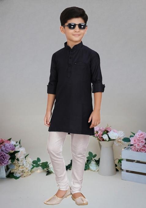 Black Self Design Cotton Kurta Set For Boy