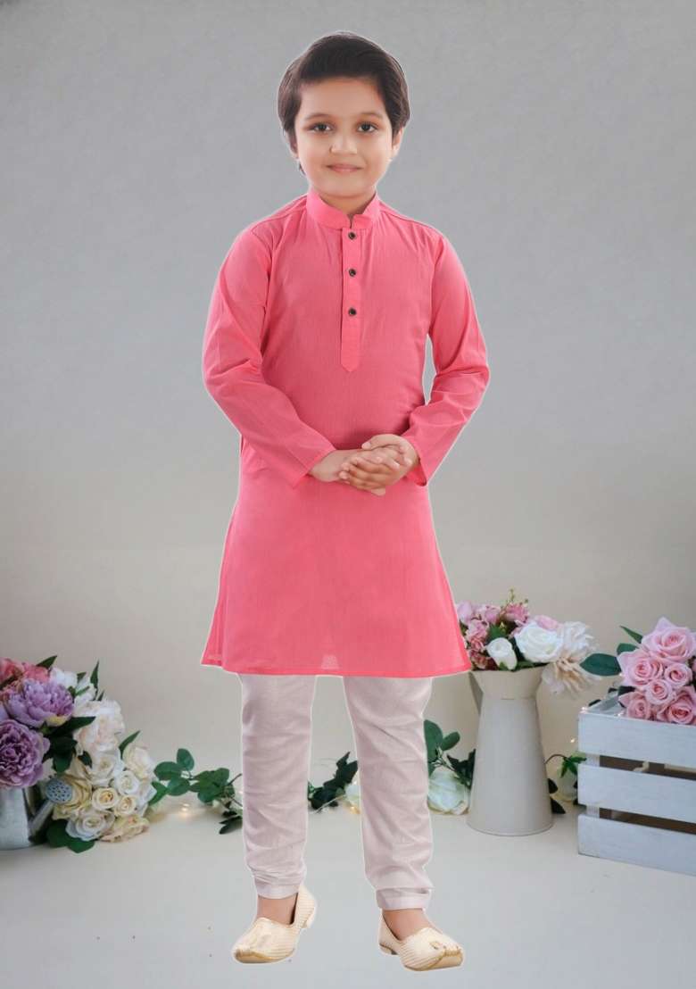 Pink Self Design Cotton Kurta Set For Boy - Indya