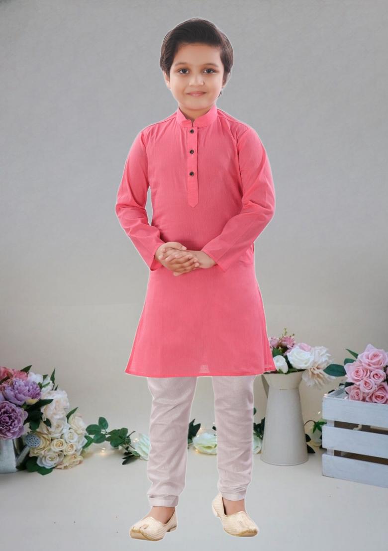 Pink Self Design Cotton Kurta Set For Boy
