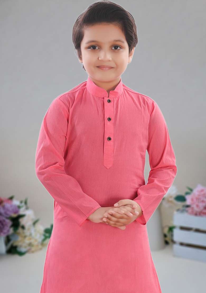 Pink Self Design Cotton Kurta Set For Boy - Indya