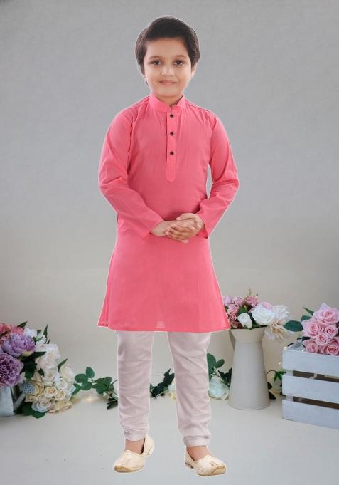 Pink Self Design Cotton Kurta Set For Boy