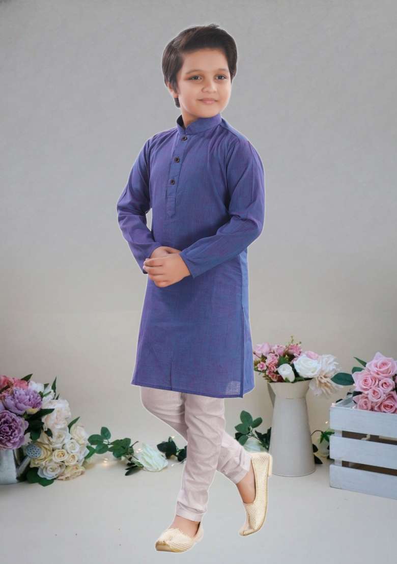 Blue Self Design Cotton Kurta Set For Boy - Indya