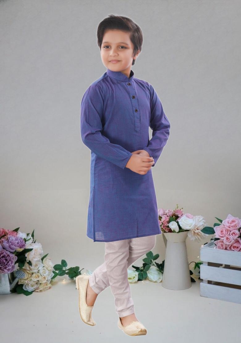 Blue Self Design Cotton Kurta Set For Boy