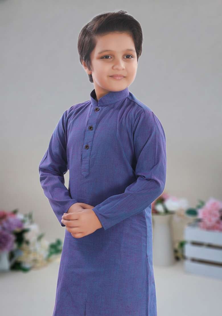 Blue Self Design Cotton Kurta Set For Boy - Indya