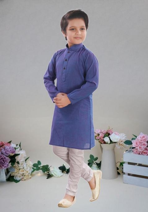 Blue Self Design Cotton Kurta Set For Boy