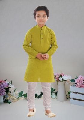 Mustard Yellow Self Design Cotton Kurta Set For Boy