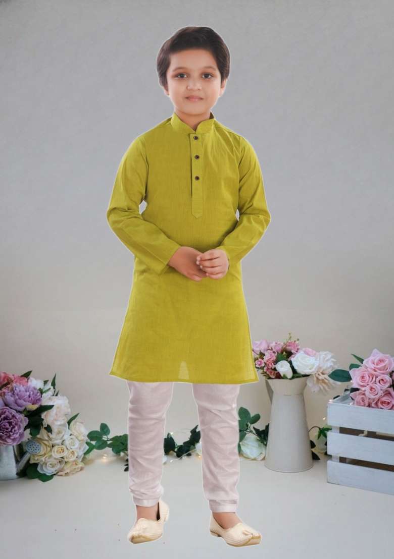 Mustard Yellow Self Design Cotton Kurta Set For Boy - Indya