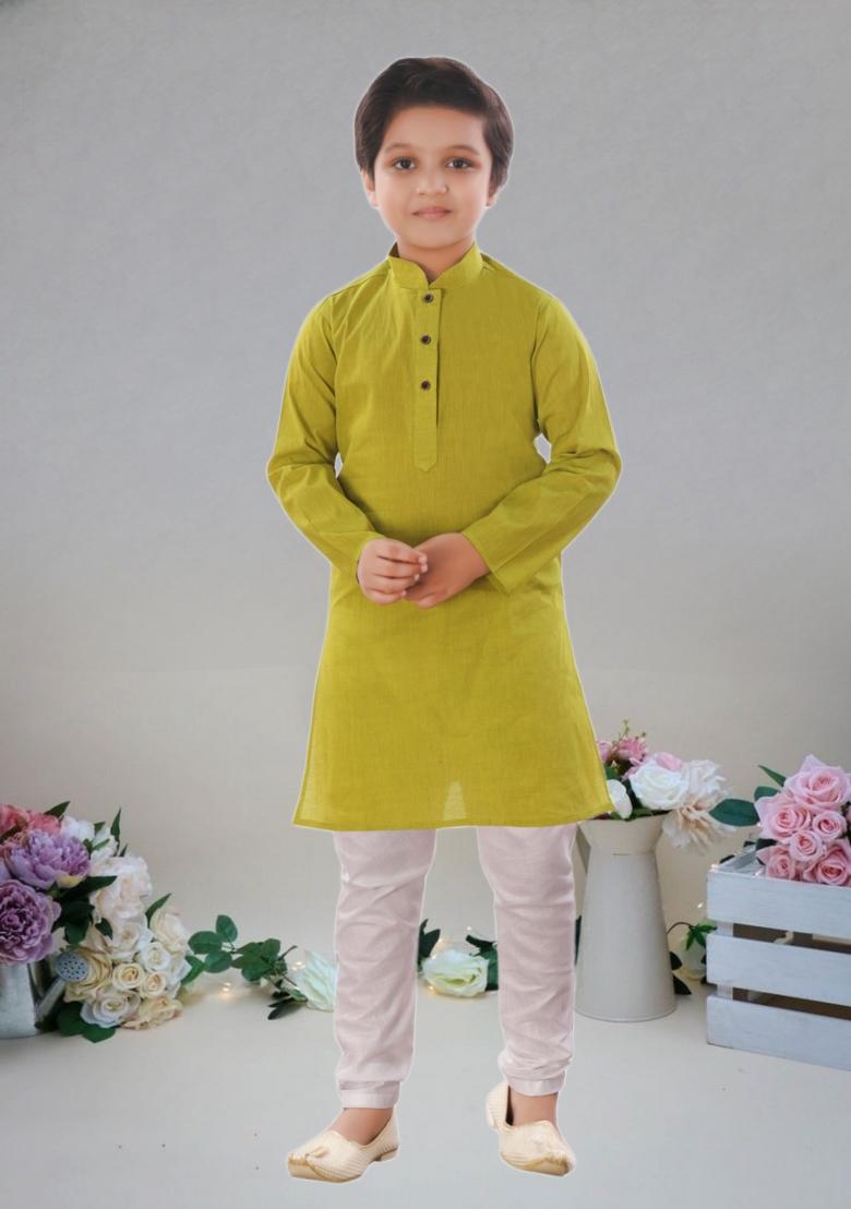 Mustard Yellow Self Design Cotton Kurta Set For Boy