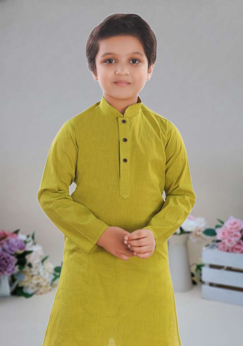 Mustard Yellow Self Design Cotton Kurta Set For Boy - Indya