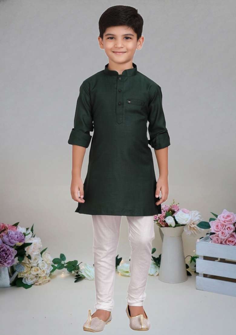 Dark Green Self Design Cotton Kurta Set For Boy - Indya