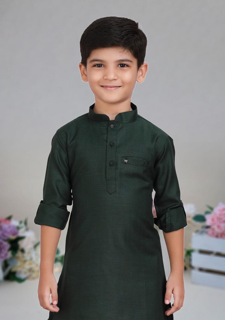 Dark Green Self Design Cotton Kurta Set For Boy