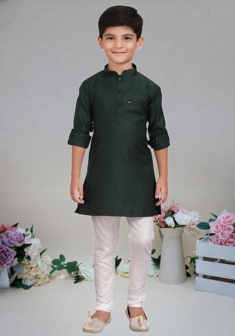 Dark Green Self Design Cotton Kurta Set For Boy
