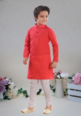 Pink Self Design Cotton Kurta Set For Boy