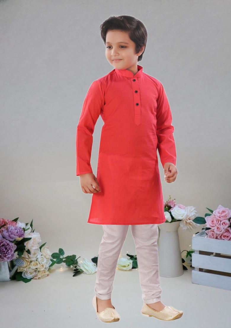 Pink Self Design Cotton Kurta Set For Boy