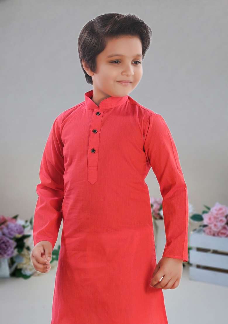 Pink Self Design Cotton Kurta Set For Boy - Indya