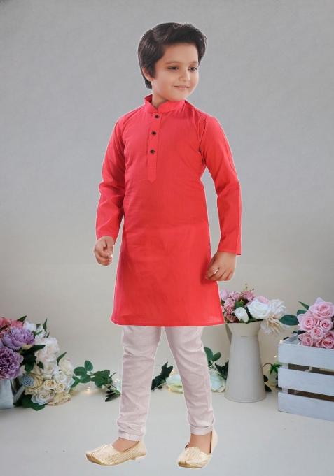 Pink Self Design Cotton Kurta Set For Boy