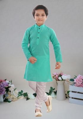 Sea Green Self Design Cotton Kurta Set For Boy