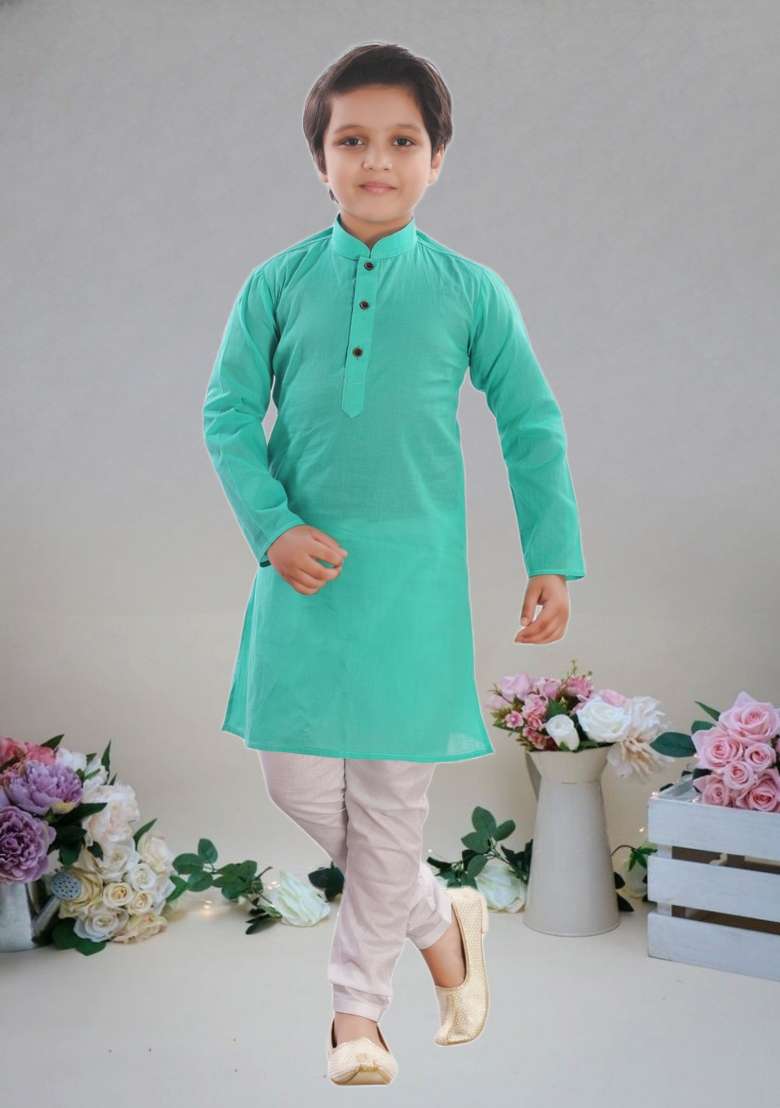 Sea Green Self Design Cotton Kurta Set For Boy - Indya