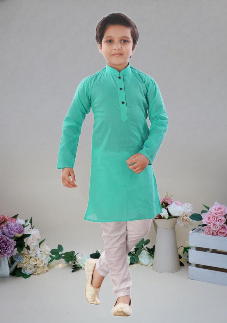 Sea Green Self Design Cotton Kurta Set For Boy