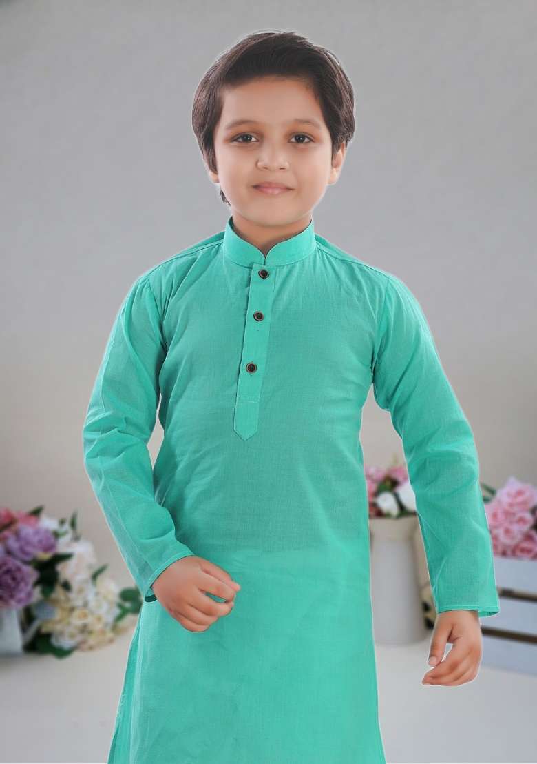 Sea Green Self Design Cotton Kurta Set For Boy - Indya