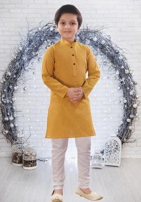 Mustard Yellow Self Design Cotton Kurta Set For Boy