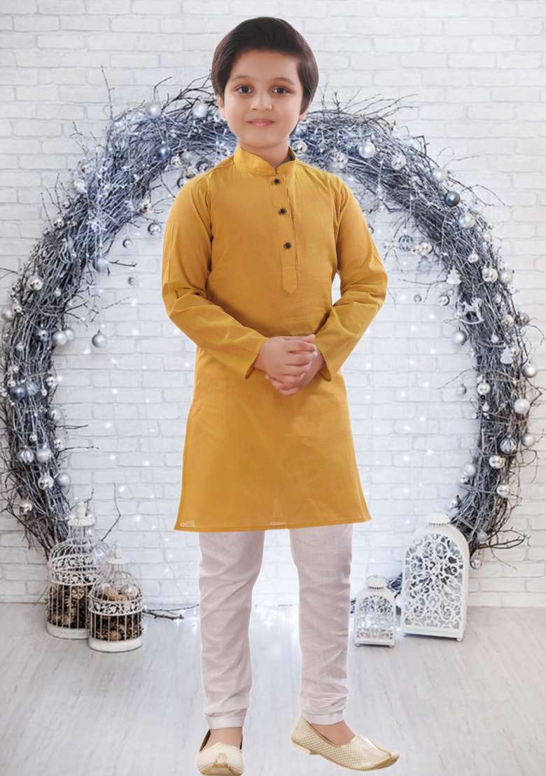 Mustard Yellow Self Design Cotton Kurta Set For Boy - Indya