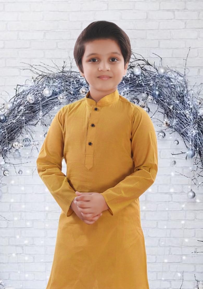 Mustard Yellow Self Design Cotton Kurta Set For Boy
