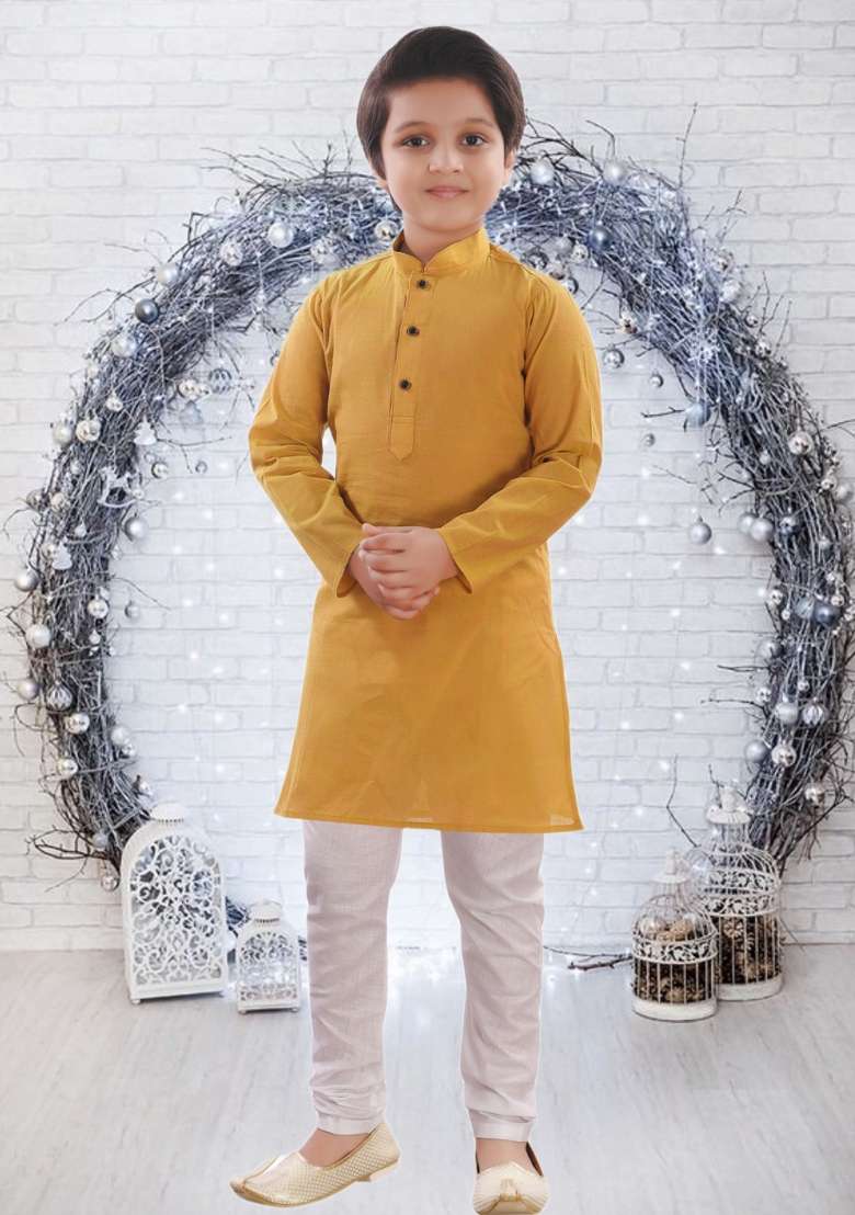 Mustard Yellow Self Design Cotton Kurta Set For Boy - Indya