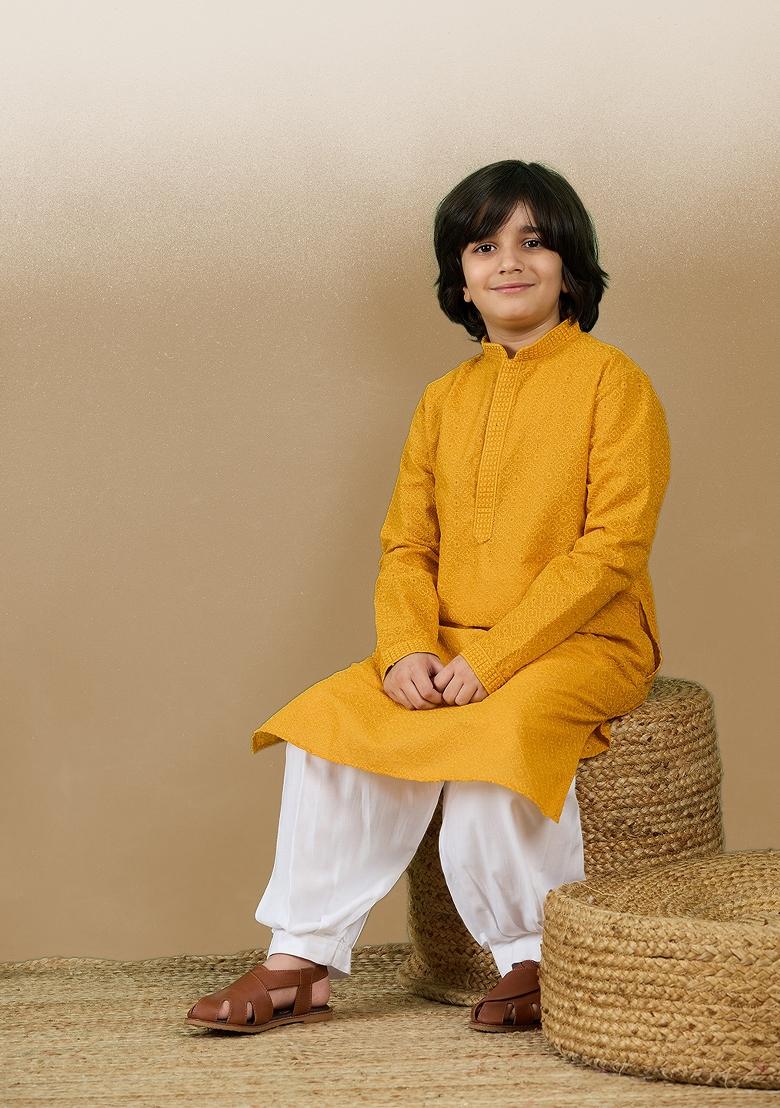 Mustard Chikan Embroided Cotton Kurta For Boy