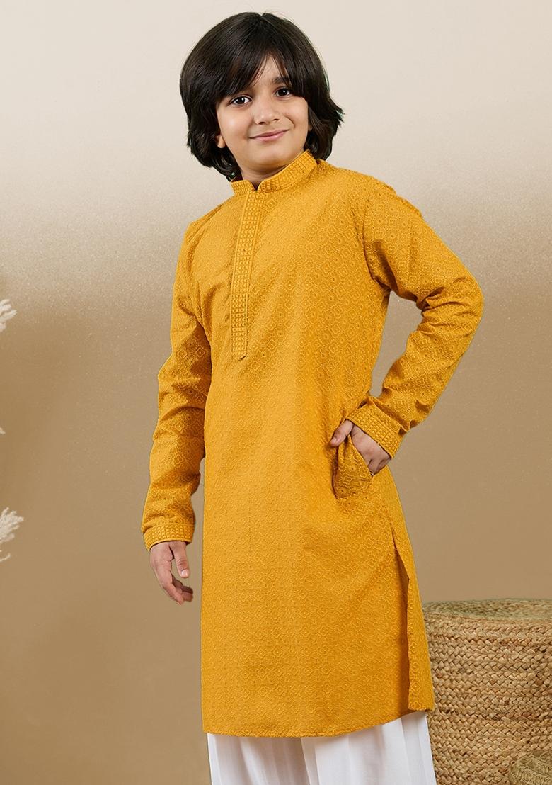 Mustard Chikan Embroided Cotton Kurta For Boy