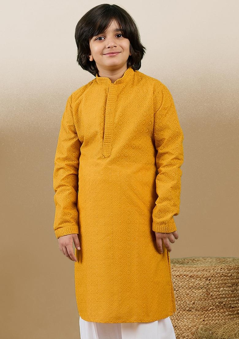 Mustard Chikan Embroided Cotton Kurta For Boy