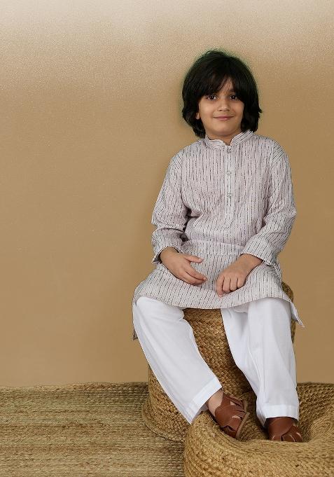 Beige Printed Cotton Kurta For Boy