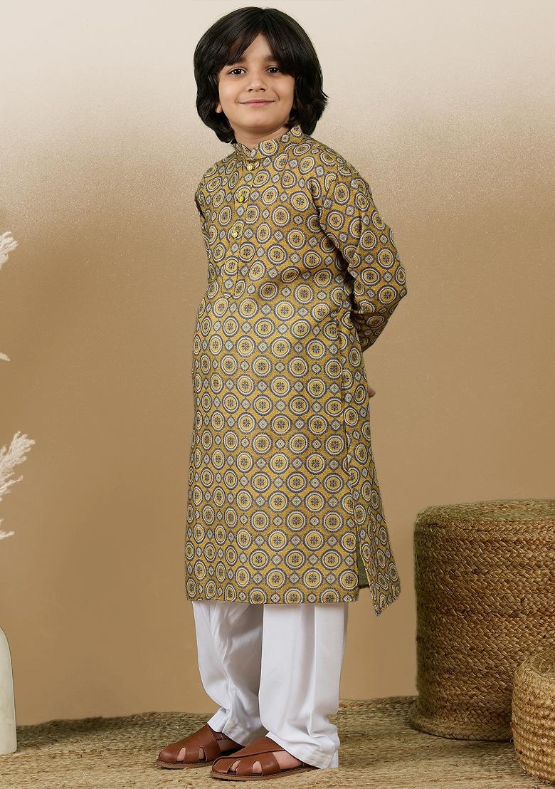 Mustard Printed Cotton Kurta For Boy