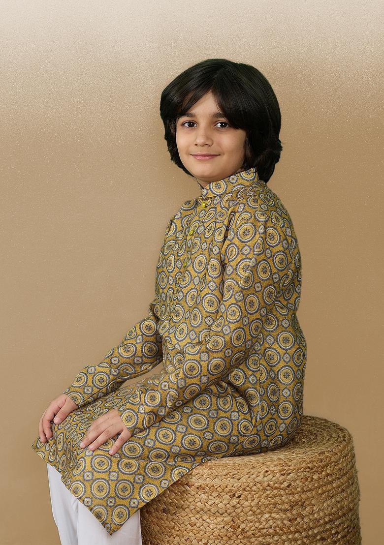 Mustard Printed Cotton Kurta For Boy