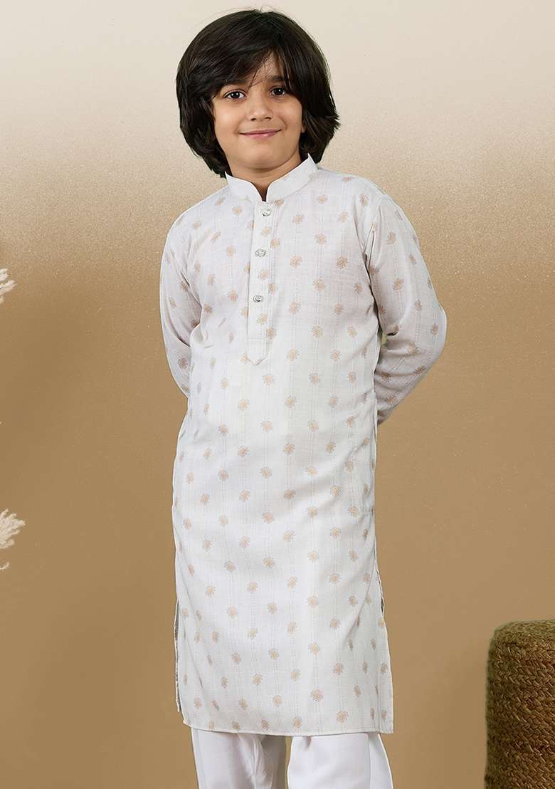Beige Printed Cotton Kurta For Boy - Indya